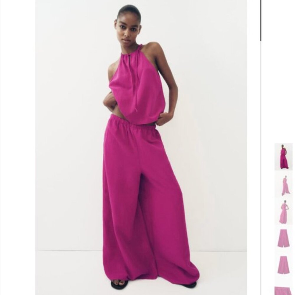 NWT ZARA 2 PIECES MATCH SET LINEN BLEND HALTER TOP + WIDE LEG PANTS FUCHSIA